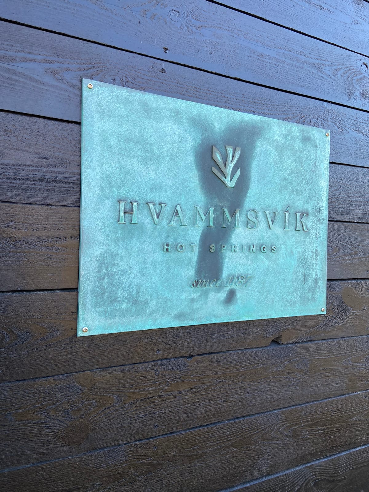 The weathered bronze Hvammsvik Hot Springs plaque on a timber wall