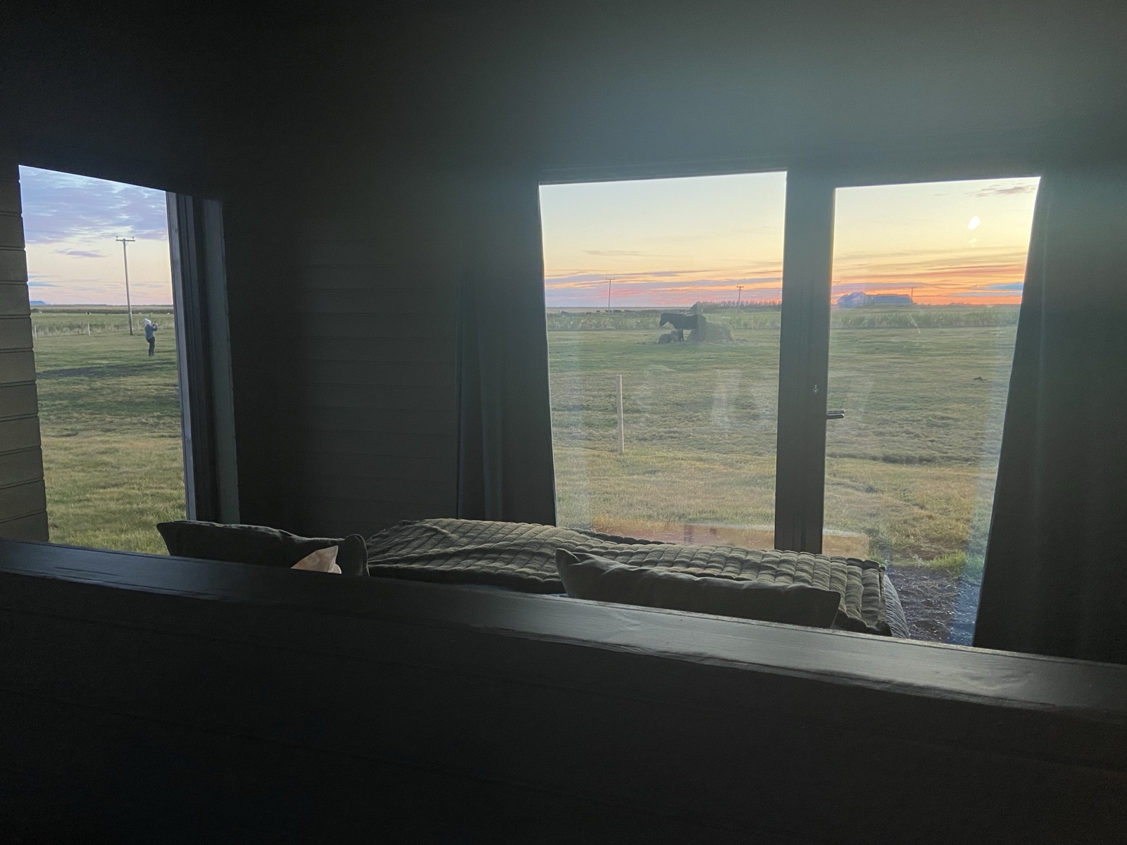 A horse grazing in the paddock at sunset, seen through the room's big windows