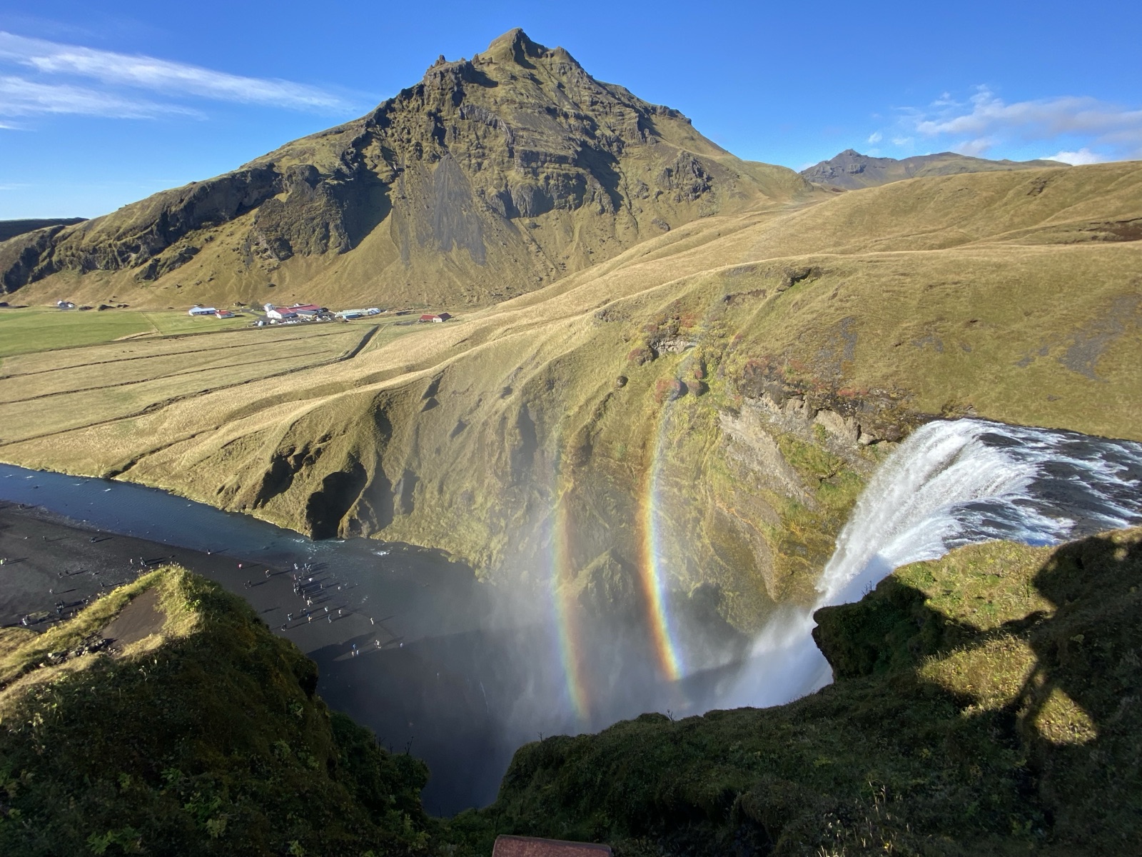 A double rainbow in the spray at the top of Skogafoss waterfall